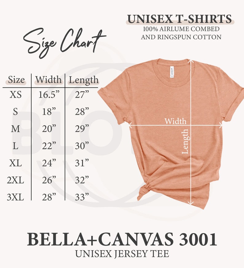Unisex t-shirt size chart