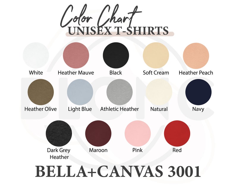 Unisex t-shirt color chart