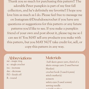 May include: A crochet pattern sheet with text in a soft peach color. The text includes an introduction, abbreviations, and materials list for a Peter pumpkin. The materials include yarn, a crochet hook, and safety eyes.
