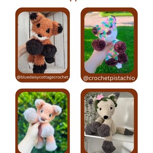 May include: A collage of four crochet animal toys. The toys include a fox, a deer, and a colorful creature. The text "Tester Appreciation" is at the top, with social media handles below each image.