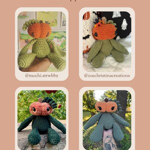 May include: The image showcases four crocheted pumpkin dolls with green bodies and orange pumpkin heads. The dolls have arms and legs, and are displayed in individual frames with the text "Tester Appreciation" at the top.