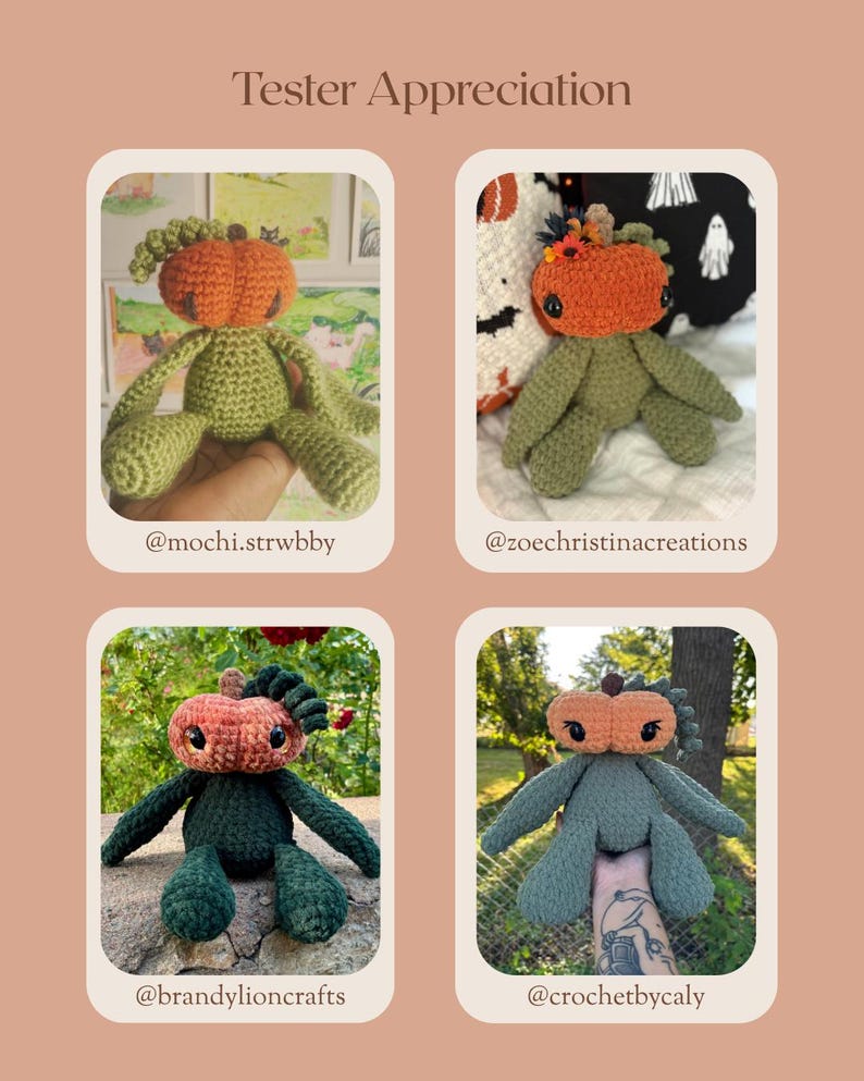 May include: The image showcases four crocheted pumpkin dolls with green bodies and orange pumpkin heads. The dolls have arms and legs, and are displayed in individual frames with the text "Tester Appreciation" at the top.