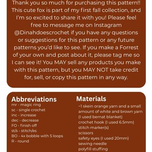 May include: A crochet pattern sheet with the title "Introduction" at the top. The sheet includes instructions, abbreviations, and materials needed to create a crochet fox. The text is in black font on a brown background.