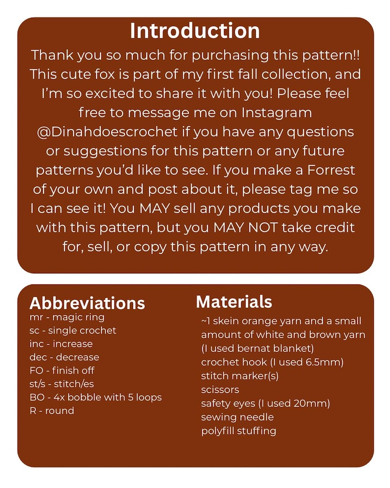 May include: A crochet pattern sheet with the title "Introduction" at the top. The sheet includes instructions, abbreviations, and materials needed to create a crochet fox. The text is in black font on a brown background.