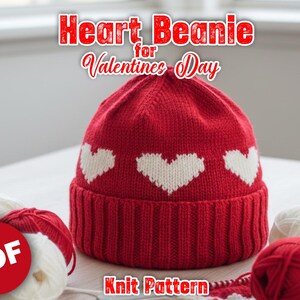 Heart Beanie Knitting Pattern, Intarsia Valentine's Hat (PDF Pattern)