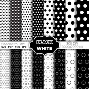 May include: A collection of black and white polka dot patterns. The patterns include various sizes and arrangements of dots, along with open circles. The image also includes the text "Polkadot Pattern" and "Black White".