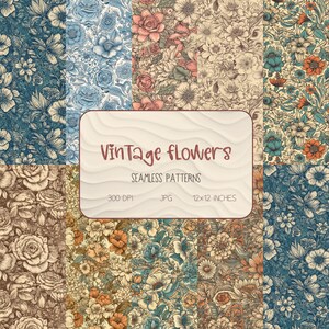 Peut inclure: Ensemble de 8 motifs floraux vintage sans couture dans différentes couleurs, notamment le bleu, le vert, le marron et le rose. Chaque motif présente des détails complexes de fleurs et de feuilles. Les motifs mesurent 12x12 pouces et 300 DPI.