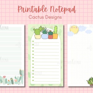 Könnte beinhalten: Ausdruckbarer Notizblock mit Kaktus-Designs. Das Bild zeigt drei Notizblöcke mit unterschiedlichen Layouts. Einer hat horizontale Linien, ein anderer eine Checkliste und der dritte ein Rastermuster. Jeder Notizblock zeigt Kaktus-Illustrationen und den Text "Printable Notepad Cactus Designs".