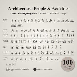 May include: A collection of 100 black and white sketch-style figures for architecture and urban design, titled Architectural People & Activities. The set includes various categories like moving, sitting, standing, socialising, work, and play.