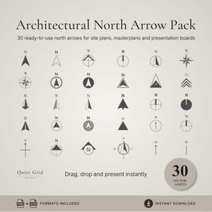 Op de afbeelding: Architecturaal noordpijlenpakket met 30 kant-en-klare noordpijlen voor inplantingsplannen, masterplannen en presentatieborden. De collectie bevat diverse zwart-witte grafische symbolen met de letter N, aangeboden als vectorbestanden.