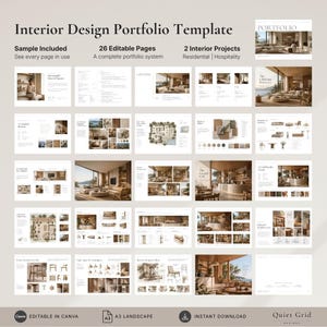 May include: An interior design portfolio template featuring 26 editable pages in A3 landscape format. The layout displays residential and hospitality project examples, including floor plans, mood boards, and furniture selections in neutral tones.