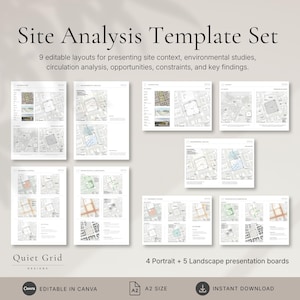 Puede incluir: Un conjunto de plantillas de análisis de sitio con 9 diseños editables para contexto, estudios ambientales, análisis de circulación, oportunidades, restricciones y hallazgos. Incluye 4 tableros verticales y 5 horizontales, tamaño A2, editables en Canva.
