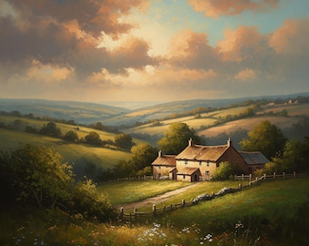 Vintage English Countryside Oil Painting: Rustic Farmhouse Landscape (Digital Download)