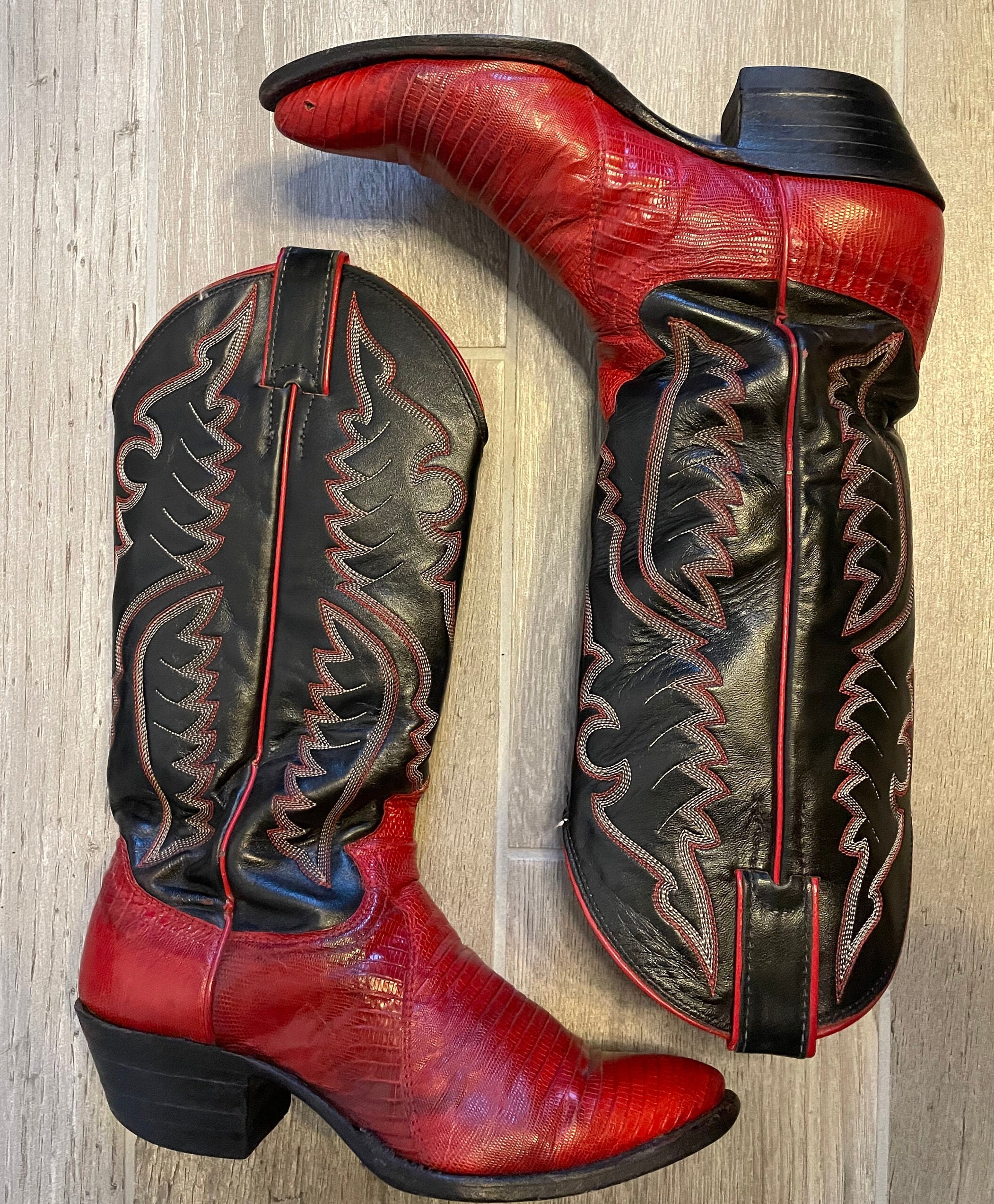 Bottes Western Homme Tony Lama Noires Coutures Rouges - Taille 10 EE - Vintage USA