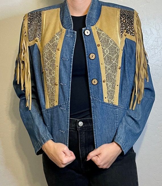 90s Denim Vest with Leather & Fringe