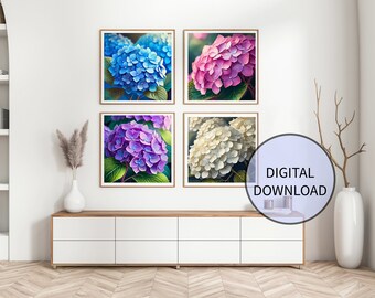 Botanical Hydrangeas Wall Art, Set of 4 Hydrangeas Art Printable