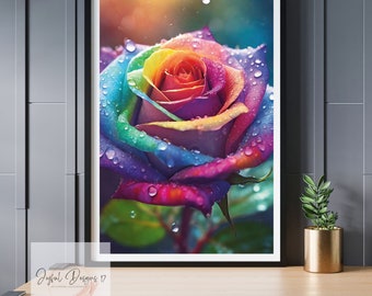 Rainbow Rose Floral Wall Art, Botanical Art Printable, Instant Download Home Decor