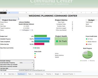 Wedding Planning Tracker Google Sheets | Vendor Tasks, Budget, Decision Log, Email Alerts