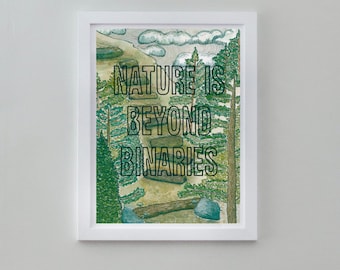 May include: A framed art print with the text "NATURE IS BEYOND BINARIES" in black over a watercolor landscape. The artwork features green trees, a path, and a cloudy sky. The frame is white.