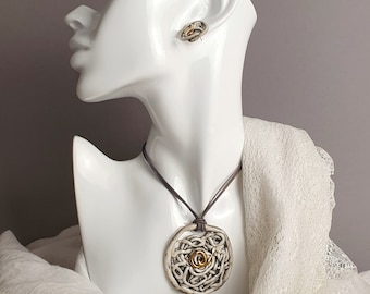Golden Spiral Jewelry Set • Ceramic Gold Necklace • Porcelain Handmade Earrings • Golden Threads • Luxury Gray Pendant • Gift For Her