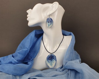Teardrop On Blue Leaf Jewelry Set • Ceramic Necklace • Porcelain Handmade Earrings • Botanical Pottery • Blue Pendant • Gift For Her