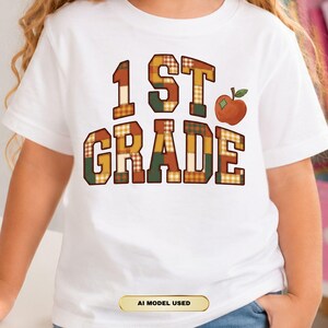 PNG-Datei für die 1. Klasse, kariertes Patchwork-Design für den Schulanfang, T-Shirt für Mädchen der 1. Klasse, Retro-Apple-Design für Schüler (Sublimationsdruck)