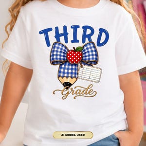 Könnte beinhalten: Ein weißes T-Shirt mit einem Grafikdesign, das den blauen Schriftzug THIRD und den goldenen Schreibschrift-Text Grade enthält. Die Grafik zeigt eine blau-weiß karierte Schleife, einen roten Apfel mit weißen Punkten, einen Stift und ein Etikett.