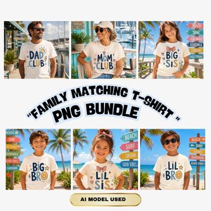 Könnte beinhalten: Eine Kollektion weißer T-Shirts mit bunten Grafikdesigns und Texten wie DAD CLUB, MOM CLUB, BIG SIS, BIG BRO, LIL SIS und LIL BRO, verziert mit kleinen Herzen, Sternen, Sonnen und Smileys, beschriftet als FAMILY MATCHING T-SHIRT PNG BUNDLE.