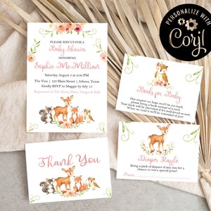 Woodland Girl Baby Shower Invitation | Woodland Baby Shower Bundle | Woodland Friends Invite Template | Girl Baby Shower Invitations