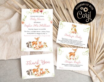 Woodland Girl Baby Shower Invitation | Woodland Baby Shower Bundle | Woodland Friends Invite Template | Girl Baby Shower Invitations
