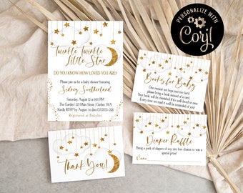 Editable Twinkle Twinkle Little Star Baby Shower Template, White & Gold Moon and Stars Invitation, Printable Invitation Template