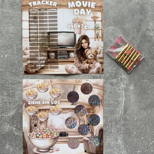 Klappkarte Movie Day / Rubbelchallenge / Losechallenge  / Umschlagmethode / Budgeting / A6