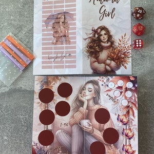 Klappkarte Autumn Girl / Rubbelchallenge / Losechallenge / Würfelchallenge / Abstreichchallenge / Umschlagsmethode / Budgeting / A6