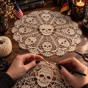 Gothic Crochet Skull Doily Pattern, Lace Table Mat (PDF)