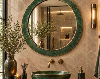 Handmade Green Patina Copper Mirror | Round Wall Mirror | Luxury Bathroom Mirror | Rustic Farmhouse Decor | Entryway Vanity Mirror