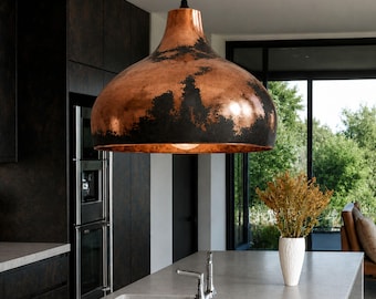 Black Oxidized Copper Pendant Light + FREE Cable & Bulb, Hammered Dome Lamp, Kitchen Island Hanging Light, Rustic Farmhouse Lighting