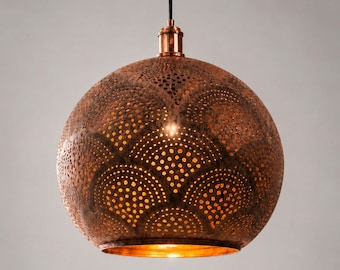 Handmade Oxidized Copper Pendant Light, Moroccan Perforated Hanging Lamp, Rustic Kitchen Island Light, Patina Copper Ceiling Lamp
