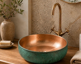 Green Patina Copper Vessel Sink, Hammered Copper Bathroom Basin, Round Vanity Bowl Sink, Rustic Farmhouse Wash Basin