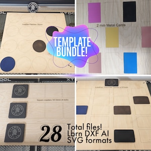 Laser-Vorlagenpaket, Metall-Visitenkarte, quadratische und kreisförmige Untersetzer, quadratische und kreisförmige Lederaufnäher, Lightburn, AI DXF SVG, Laserdatei