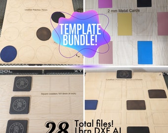 Laser Template Bundle, Metal Business Card, Square and Circle Coasters, Square and Circle Leather Patches, Lightburn, AI DXF SVG, Laser file