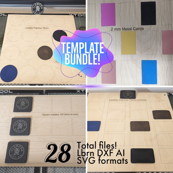 Laser Template Bundle, Metal Business Card, Square and Circle Coasters, Square and Circle Leather Patches, Lightburn, AI DXF SVG, Laser file