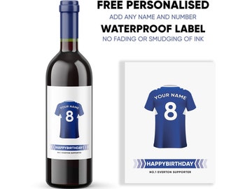 Personalised Everton FC Birthday Label | Wine Bottle Label | Gin Whiskey Beer Vodka Champagne | Birthday Gift | Everton Football Fan Shirt