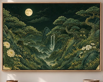 May include: A rectangular wall art print in a wooden frame depicting a dark, lush landscape at night. The scene features a full moon, a cascading waterfall, dense green trees, rolling hills, and white flowers in the foreground.