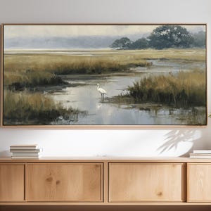 Lowcountry Egret Marsh Wall Art, Coastal Wetland Landscape Print, Southern Nature Decor image 1