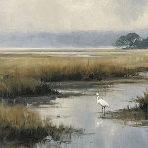 Lowcountry Egret Marsh Wall Art, Coastal Wetland Landscape Print, Southern Nature Decor image 2