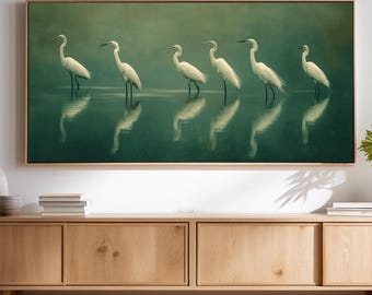 Minimalist Egret Wall Art, Large Framed Heron Canvas Print, Elegant White Birds on Deep Green, Modern Nature Decor for Living Room