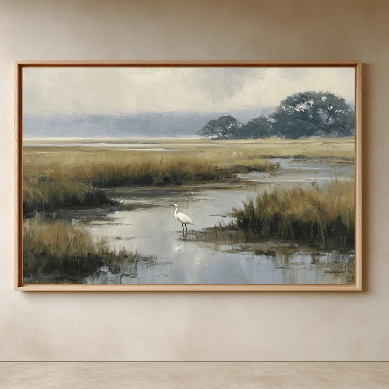 Lowcountry Egret Marsh Wall Art, Coastal Wetland Landscape Print, Southern Nature Decor image 3