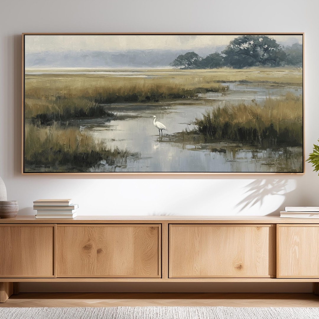 Lowcountry Egret Marsh Wall Art, Coastal Wetland Landscape Print, Southern Nature Decor