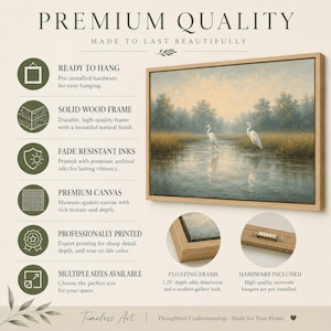 May include: A landscape canvas print featuring two white herons in a marshy river scene, encased in a light-toned solid wood floating frame. The image includes text detailing product features like fade-resistant inks and pre-installed hardware.
