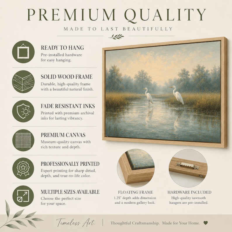 May include: A landscape canvas print featuring two white herons in a marshy river scene, encased in a light-toned solid wood floating frame. The image includes text detailing product features like fade-resistant inks and pre-installed hardware.